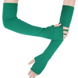 Women's Green Soft Cozy Arm Warmers Fingerless Knitted Long Gloves Winter